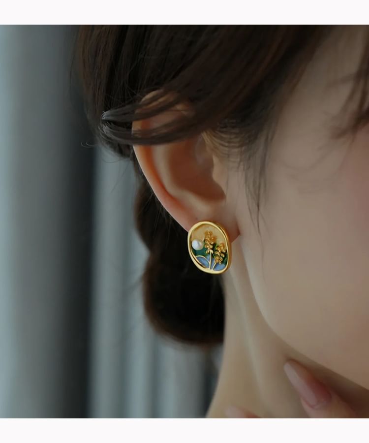 Faux Pearl Enamel Stud Earring / Clip On Earring