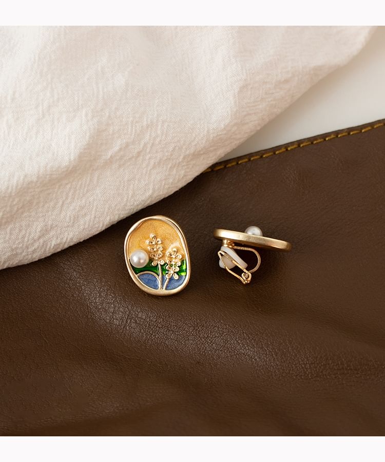 Faux Pearl Enamel Stud Earring / Clip On Earring