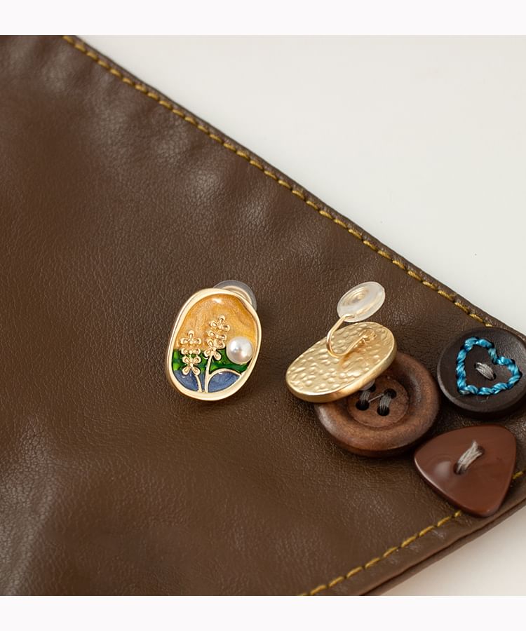 Faux Pearl Enamel Stud Earring / Clip On Earring