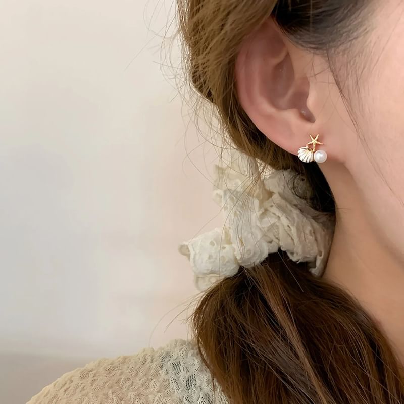 Faux Pearl Rhinestone Shell Asymmetrical Stud Earring / Clip On Earring