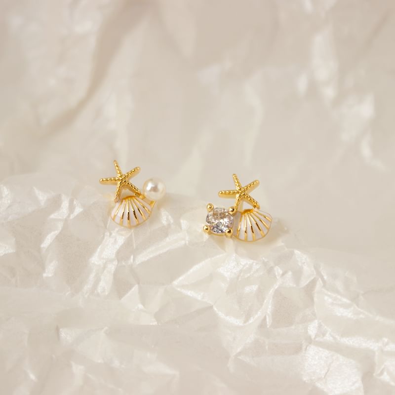 Faux Pearl Rhinestone Shell Asymmetrical Stud Earring / Clip On Earring