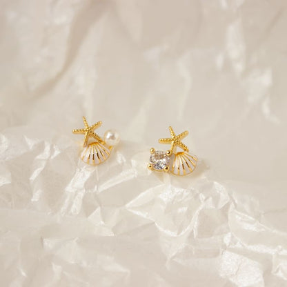 Faux Pearl Rhinestone Shell Asymmetrical Stud Earring / Clip On Earring