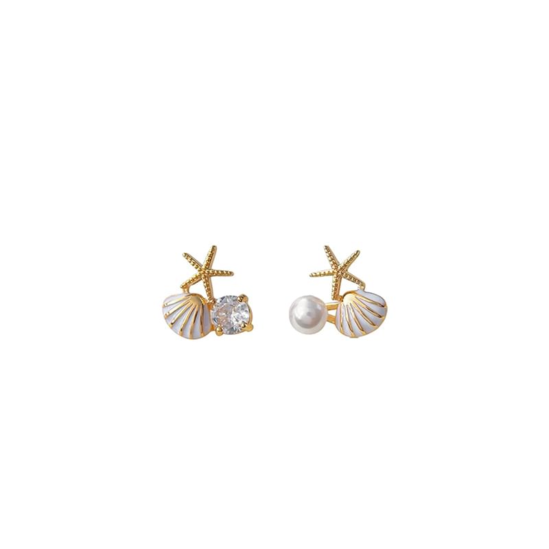 Faux Pearl Rhinestone Shell Asymmetrical Stud Earring / Clip On Earring