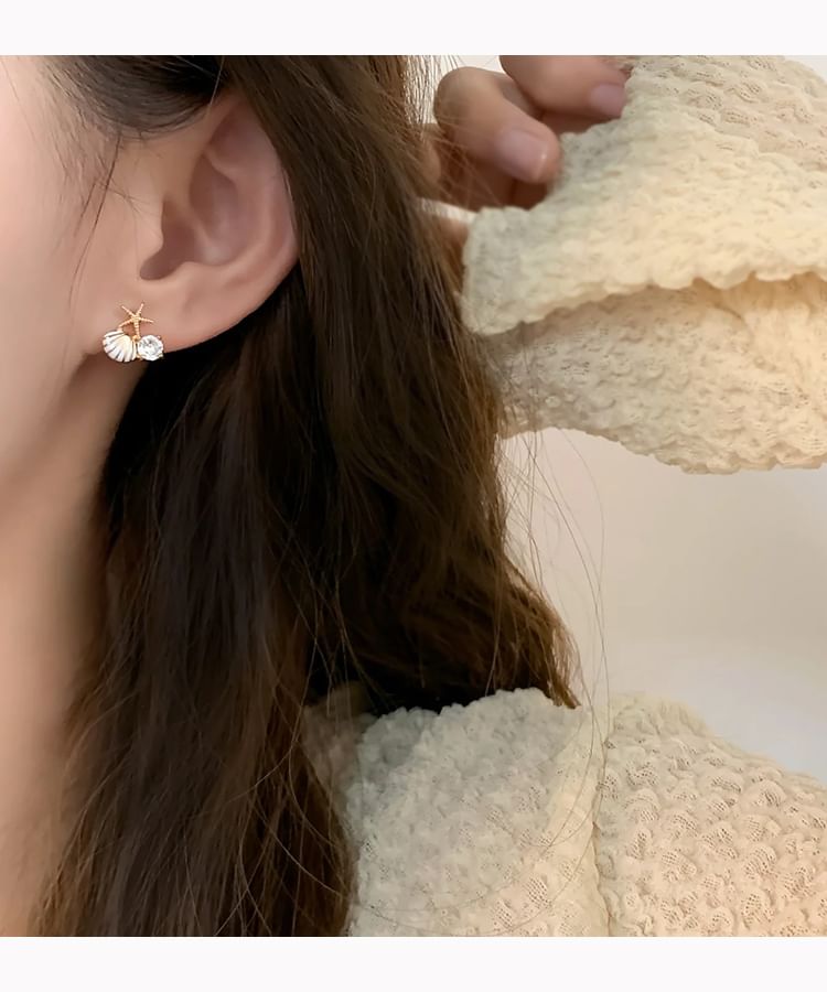 Faux Pearl Rhinestone Shell Asymmetrical Stud Earring / Clip On Earring