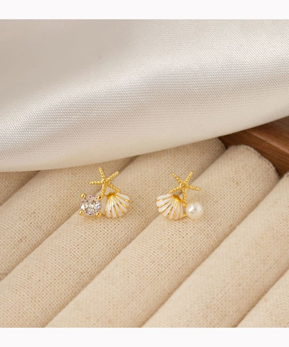Faux Pearl Rhinestone Shell Asymmetrical Stud Earring / Clip On Earring