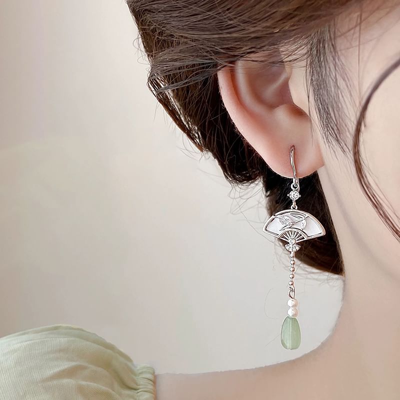 Faux Jade Fan Drop Earring / Clip On Earring