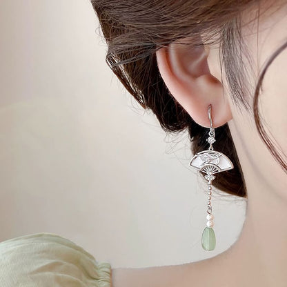 Faux Jade Fan Drop Earring / Clip On Earring