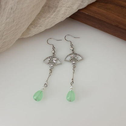 Faux Jade Fan Drop Earring / Clip On Earring