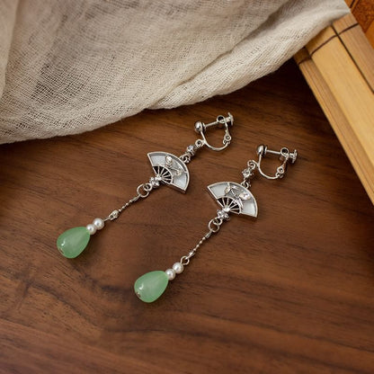 Faux Jade Fan Drop Earring / Clip On Earring