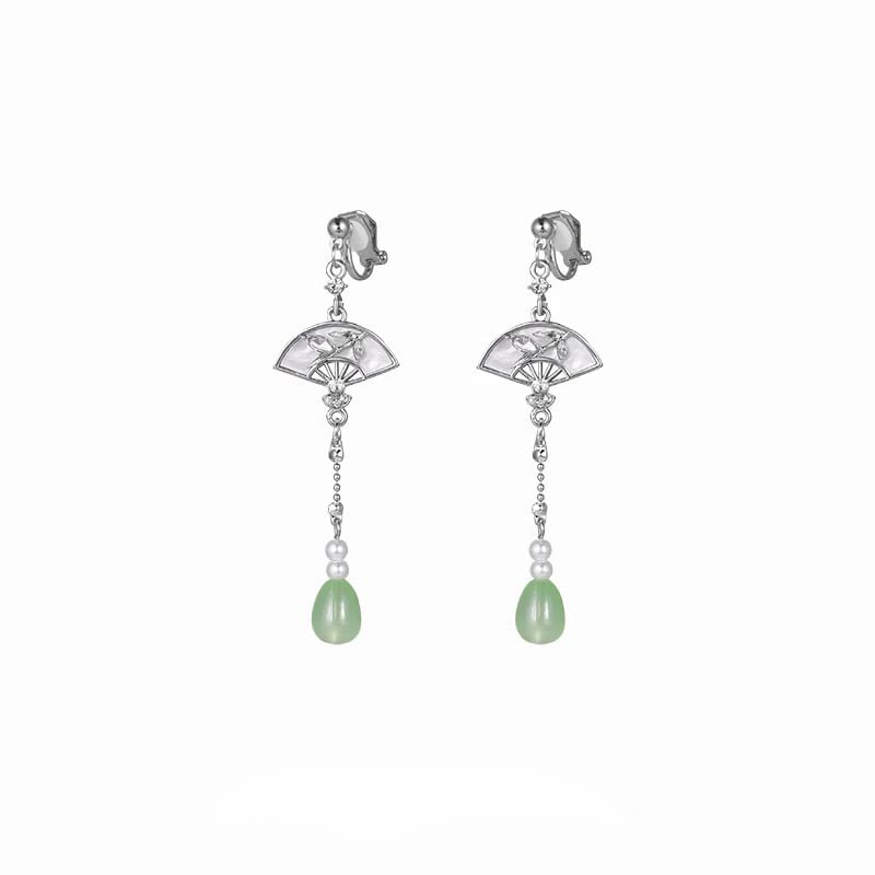 Faux Jade Fan Drop Earring / Clip On Earring