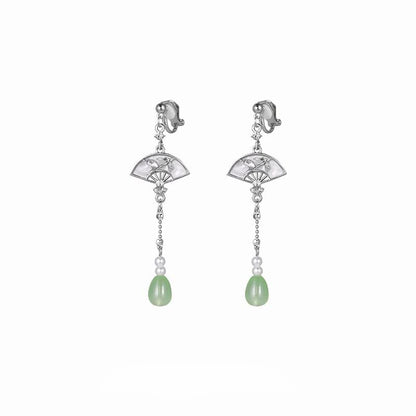 Faux Jade Fan Drop Earring / Clip On Earring