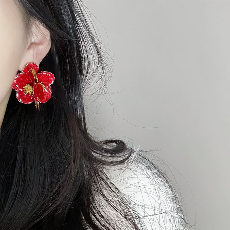 Enamel Flower Stud Earring / Clip On Earring