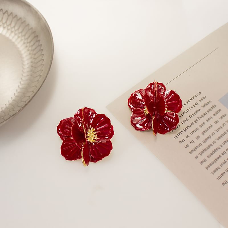 Enamel Flower Stud Earring / Clip On Earring