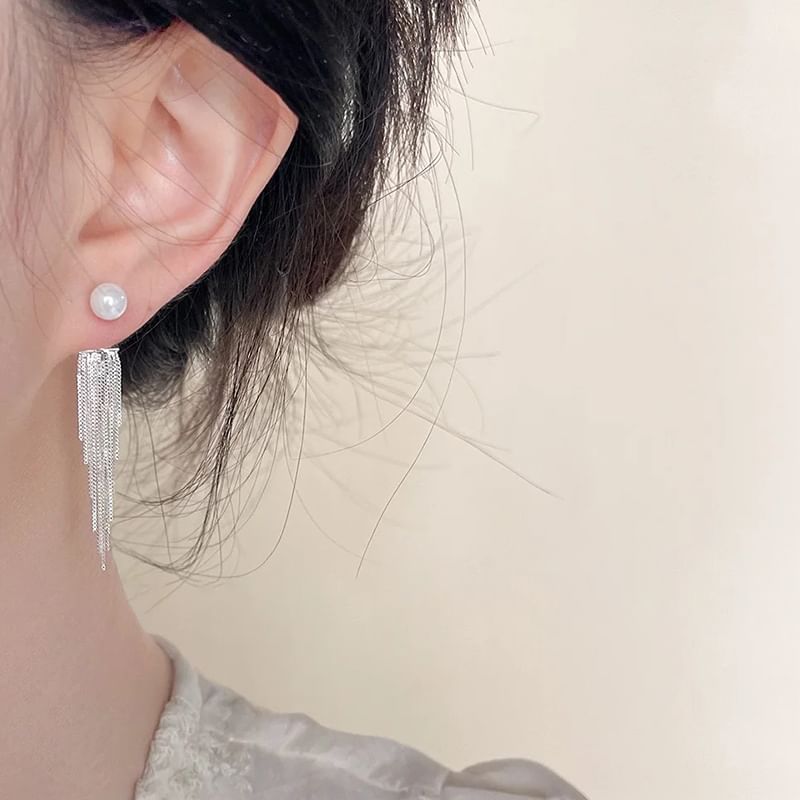 Faux Pearl Fringe Drop Earring / Clip On Earring