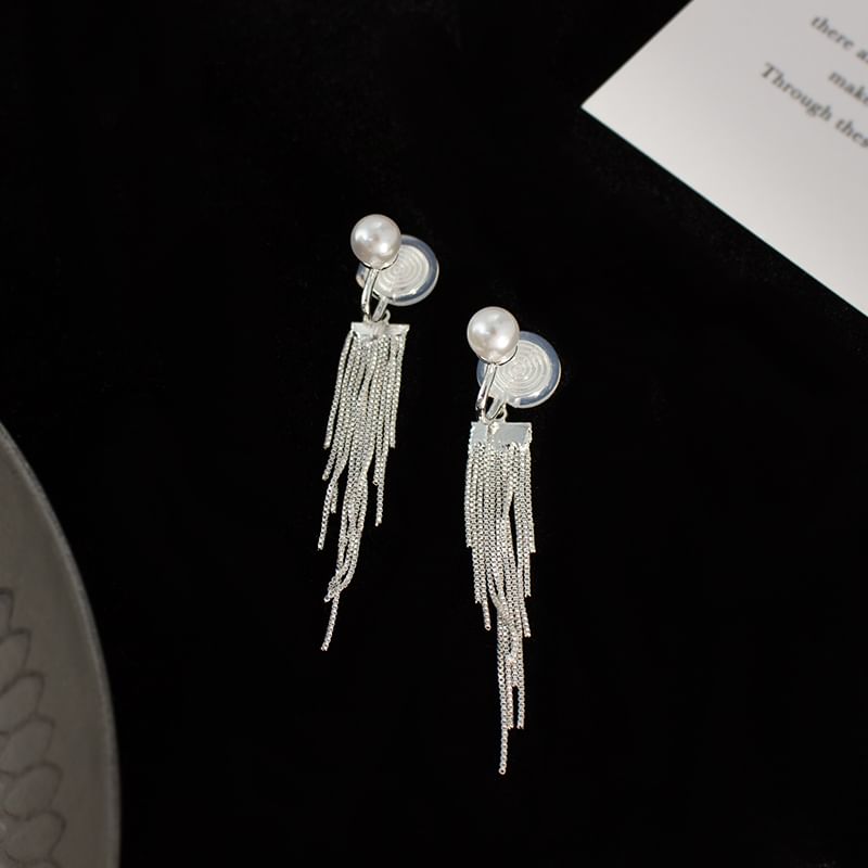 Faux Pearl Fringe Drop Earring / Clip On Earring