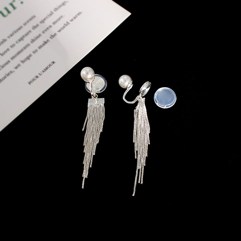 Faux Pearl Fringe Drop Earring / Clip On Earring