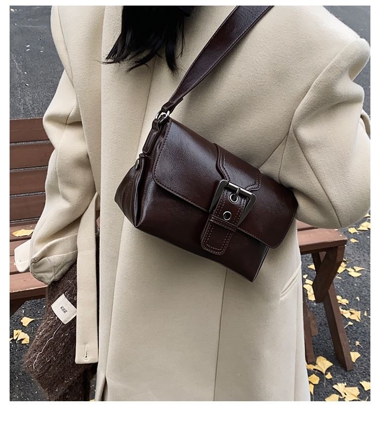 Plain Buckled Faux Leather Flap Crossbody Bag