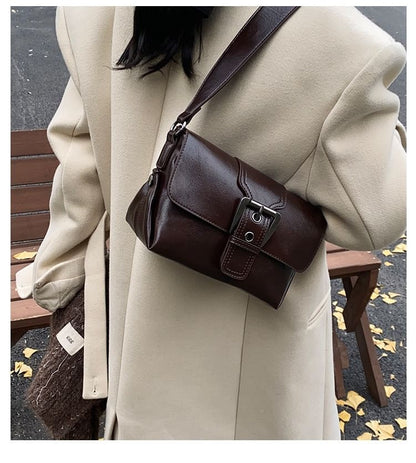 Plain Buckled Faux Leather Flap Crossbody Bag