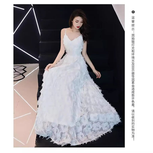 Spaghetti Strap V-Neck Plain Feather A-Line Evening Gown