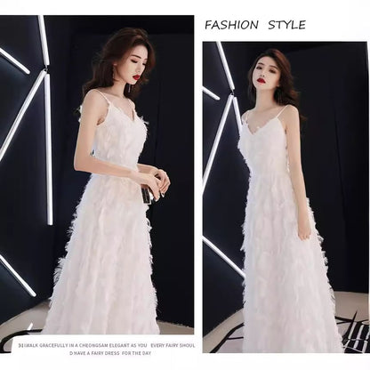 Spaghetti Strap V-Neck Plain Feather A-Line Evening Gown