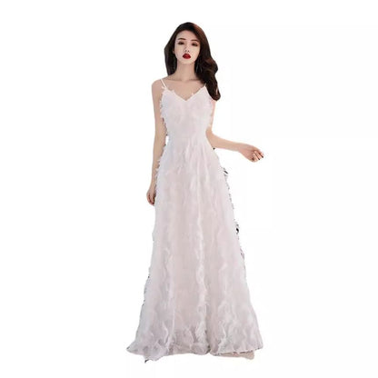 Spaghetti Strap V-Neck Plain Feather A-Line Evening Gown