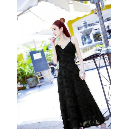 Spaghetti Strap V-Neck Plain Feather A-Line Evening Gown
