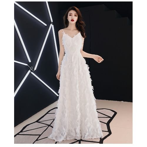 Gown Plain A-Line Feather Spaghetti Strap Evening V-Neck
