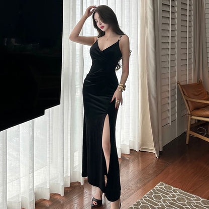 Spaghetti Strap V-Neck Plain Velvet Slit Evening Gown