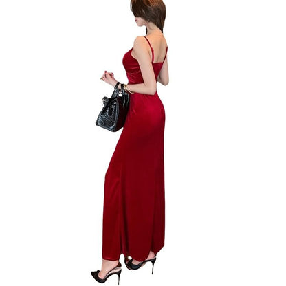 Spaghetti Strap V-Neck Plain Velvet Slit Evening Gown