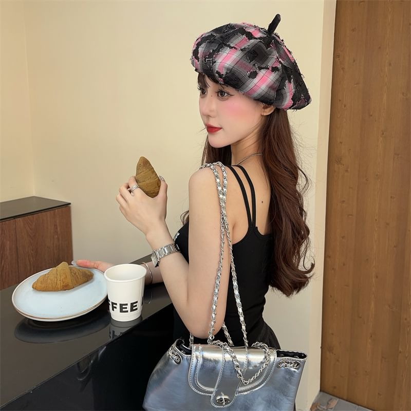 Plaid Distressed Beret
