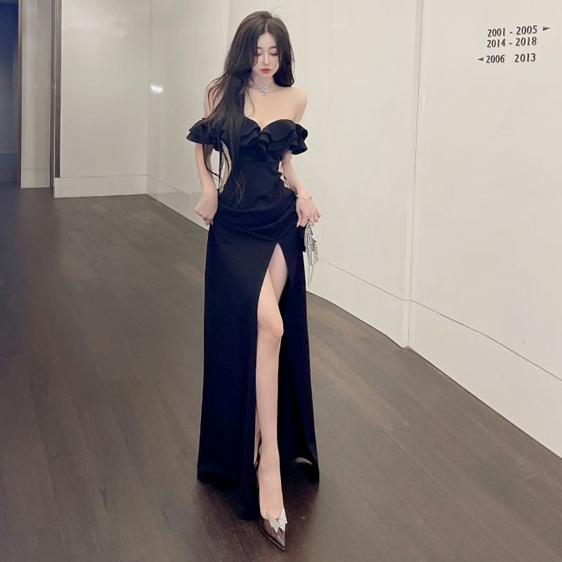Off Shoulder Ruffle Side Slit Mermaid Maxi Dress