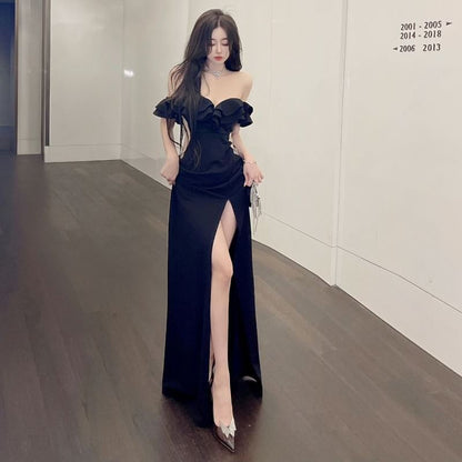 Off Shoulder Ruffle Side Slit Mermaid Maxi Dress