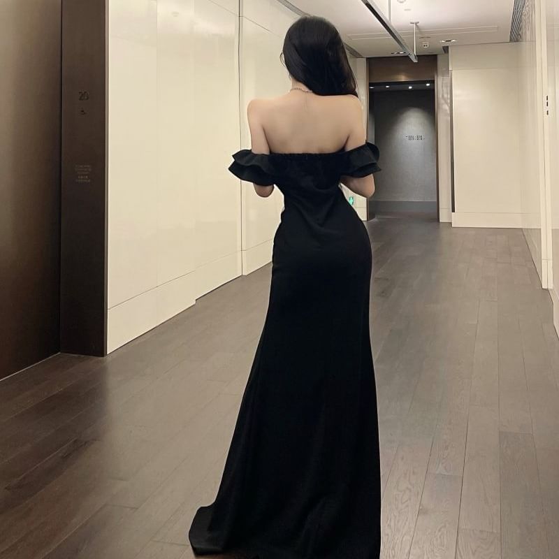 Off Shoulder Ruffle Side Slit Mermaid Maxi Dress