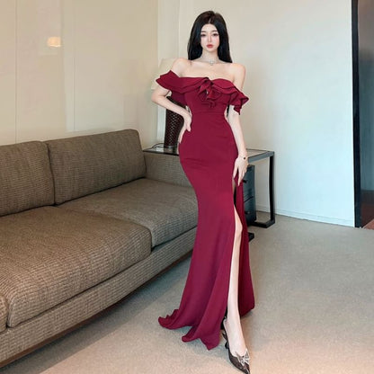 Off Shoulder Ruffle Side Slit Mermaid Maxi Dress