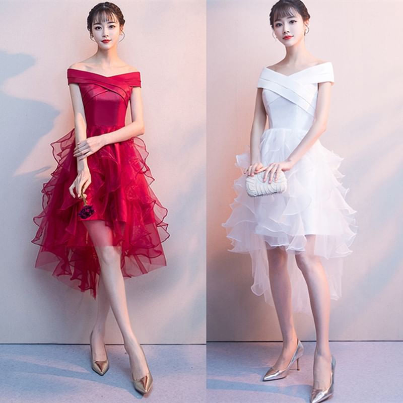 Off-Shoulder Plain Ruffle High Low A-Line Cocktail Dress