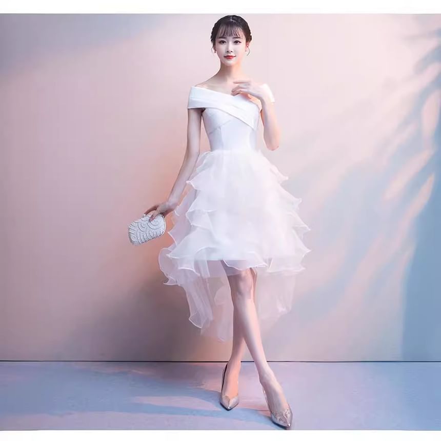 Off-Shoulder Plain Ruffle High Low A-Line Cocktail Dress