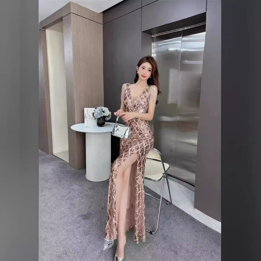 Fringed Sequin Bead Evening Gown Mermaid Sleeveless V-Neck Slit