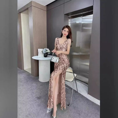 Sleeveless V-Neck Sequin Bead Fringed Slit Mermaid Evening Gown