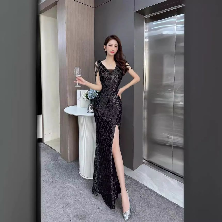 Fringed Sequin Bead Evening Gown Mermaid Sleeveless V-Neck Slit