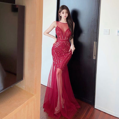 Evening Open Mermaid Sheer Gown Panel Neck Crew Sequin Sleeveless Back