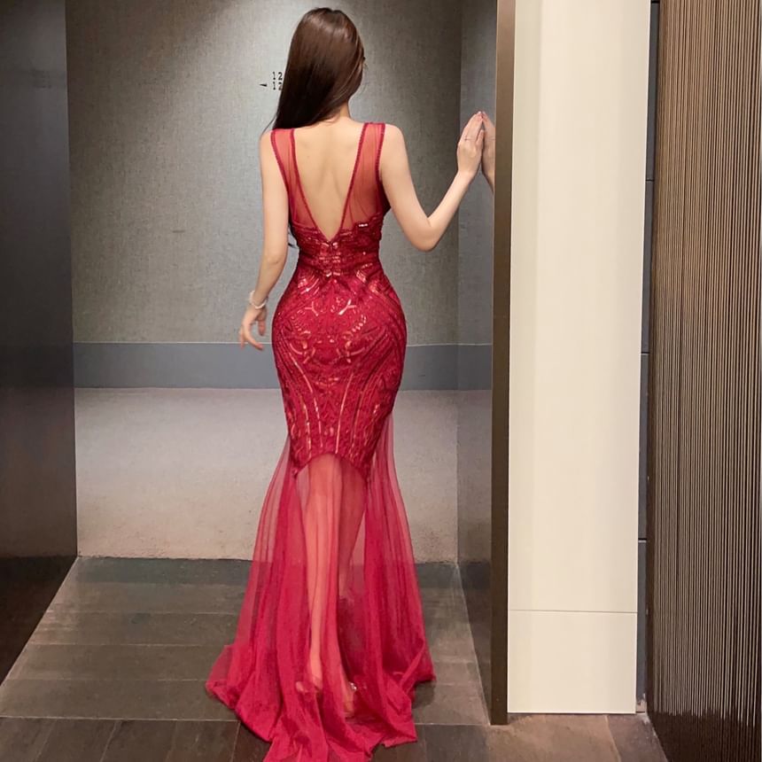 Evening Open Mermaid Sheer Gown Panel Neck Crew Sequin Sleeveless Back