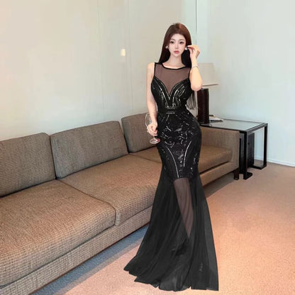 Evening Open Mermaid Sheer Gown Panel Neck Crew Sequin Sleeveless Back