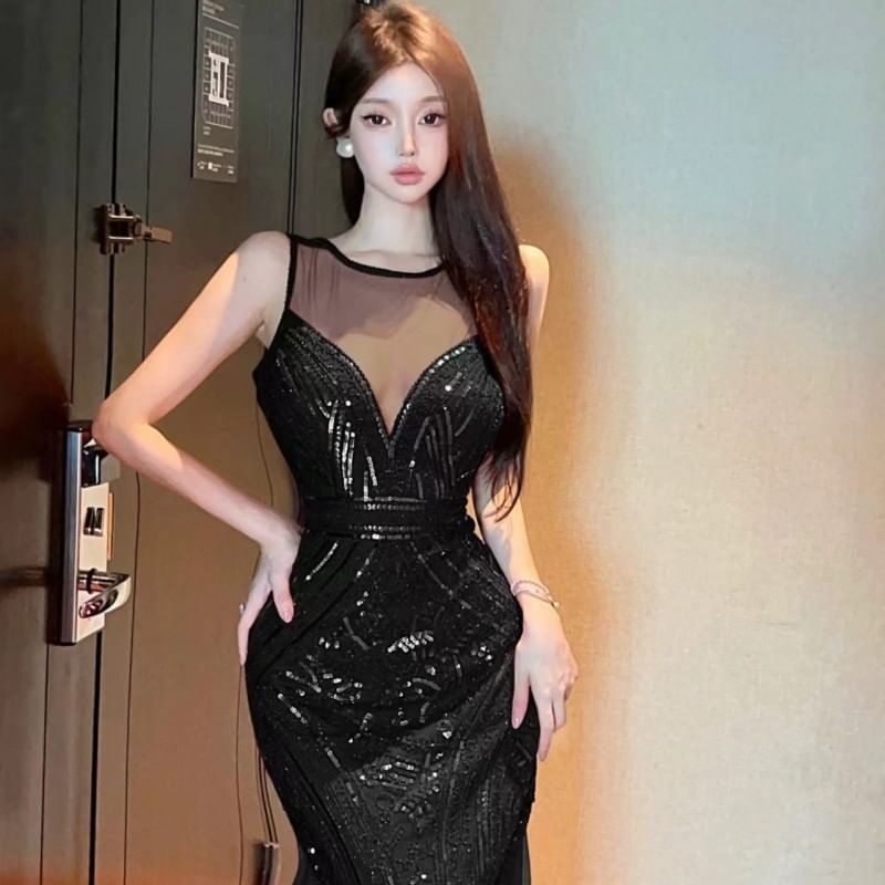 Evening Open Mermaid Sheer Gown Panel Neck Crew Sequin Sleeveless Back
