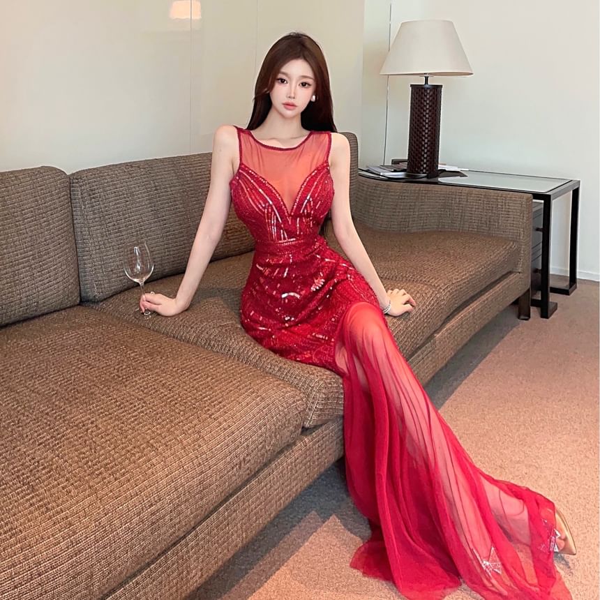 Evening Open Mermaid Sheer Gown Panel Neck Crew Sequin Sleeveless Back