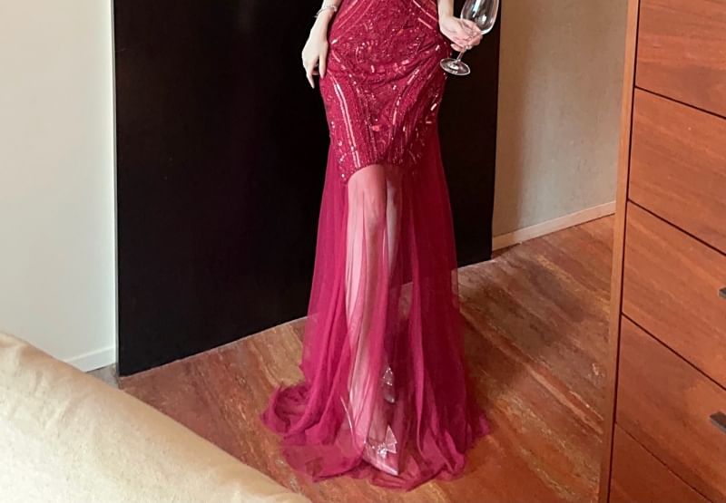 Evening Open Mermaid Sheer Gown Panel Neck Crew Sequin Sleeveless Back