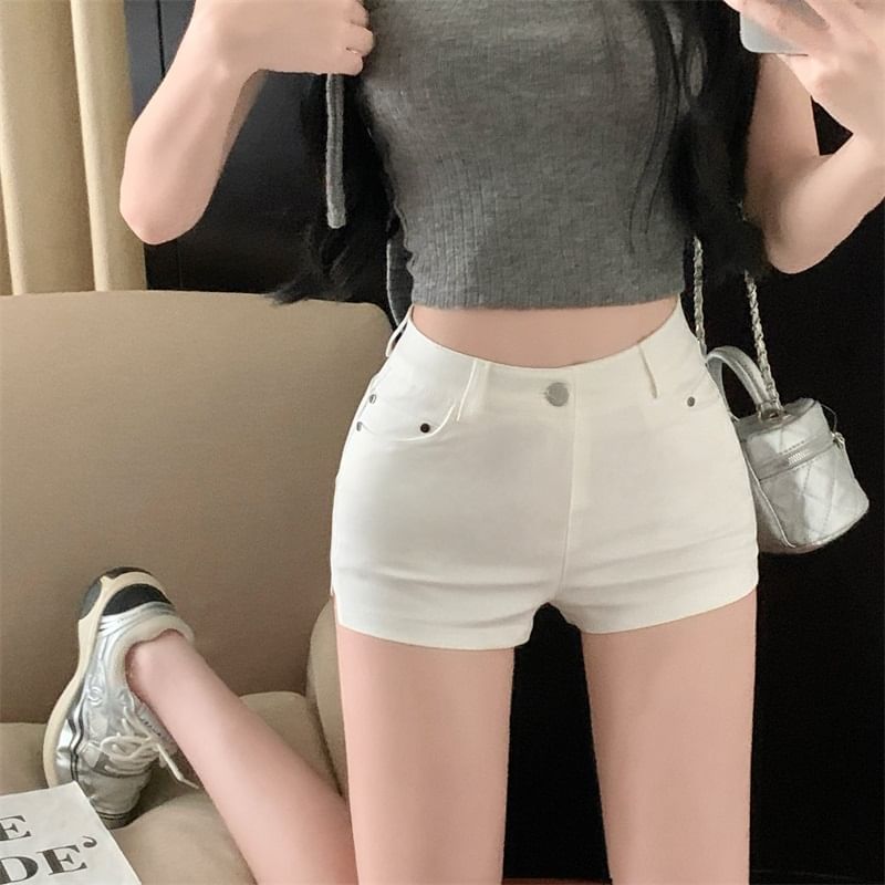 High Waist Plain Zip Hem Shorts