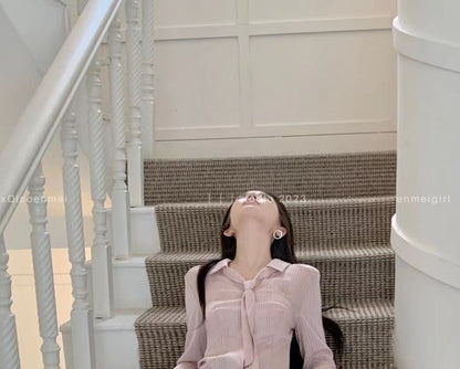 Long Sleeve Collared V-Neck Striped Shirt / High Waist Plain Pleated Mini A-Line Skort / Belt / Set