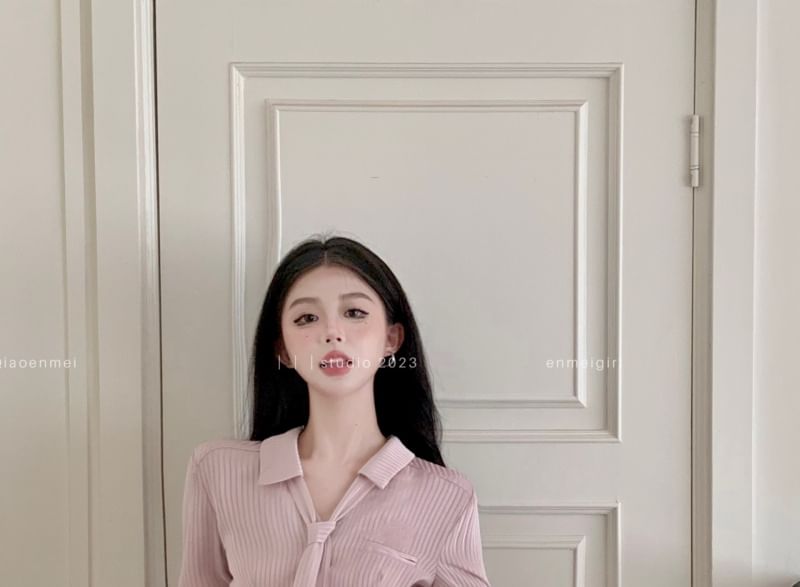 Long Sleeve Collared V-Neck Striped Shirt / High Waist Plain Pleated Mini A-Line Skort / Belt / Set