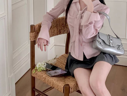 Long Sleeve Collared V-Neck Striped Shirt / High Waist Plain Pleated Mini A-Line Skort / Belt / Set