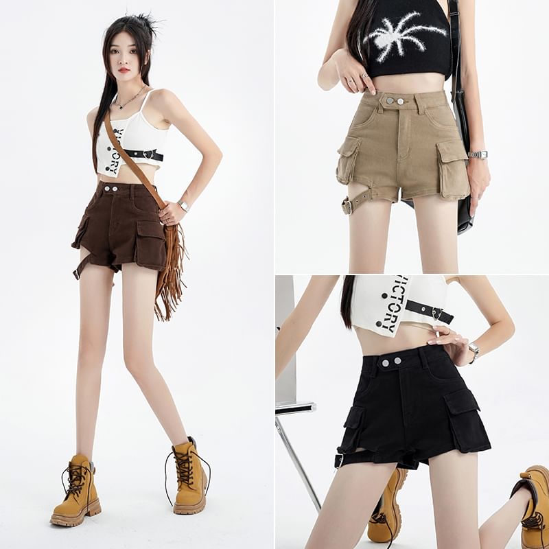 High Waist Plain Cutout Buckled Denim Cargo Shorts